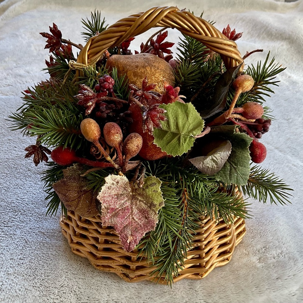 Gold Wicker Basket with Festive Holiday Flower Arrangement